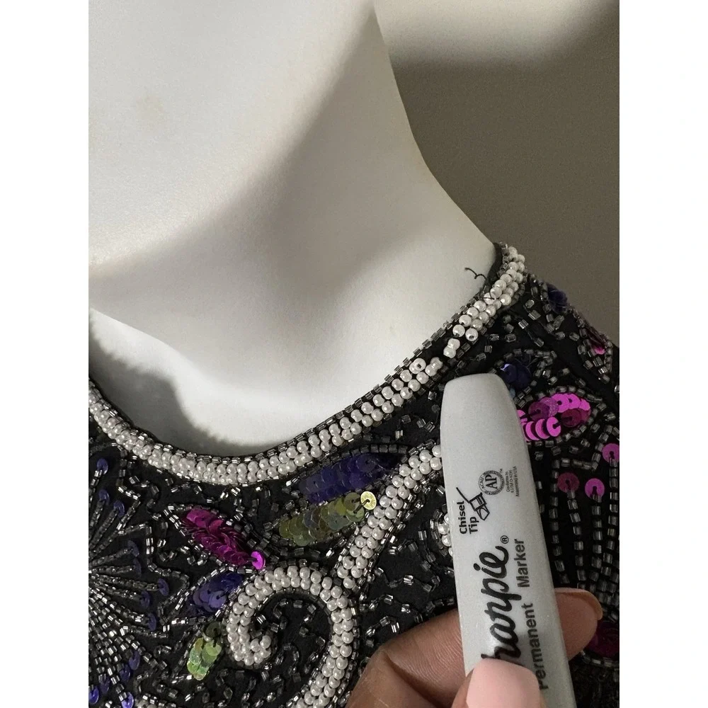 Vintage Laurence Kazar NY‎ Silk Beaded Sequin Cocktail Dress Black Art Deco M